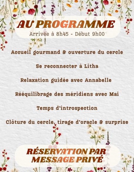 Programme d'événements avec activités variées et réservation par message privé.