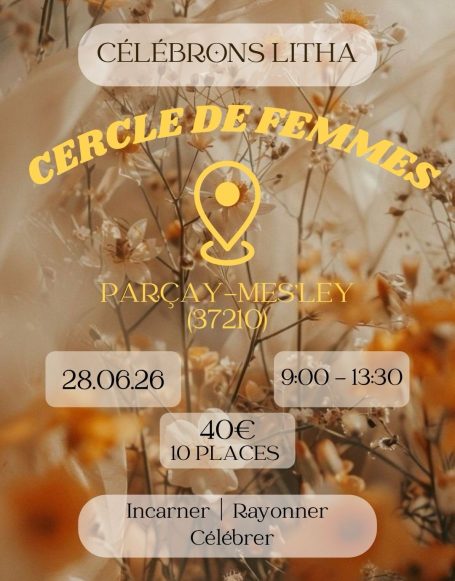 Cercle de femmes à Litha, 28 juin 2026, de 9h à 13h, lieu indiqué sur fond floral.