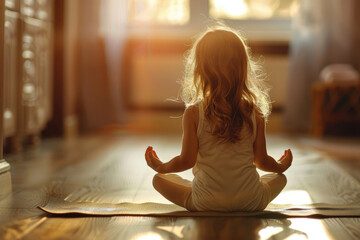 Enfant méditant en position lotus, lumière douce à travers une fenêtre.